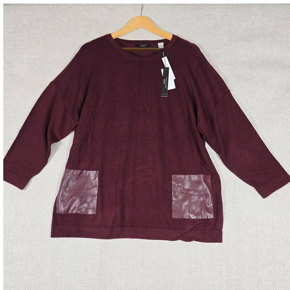 NWT Tahari Woman Burgundy Faux Leather Pocket Sweater Tunic Top 1X